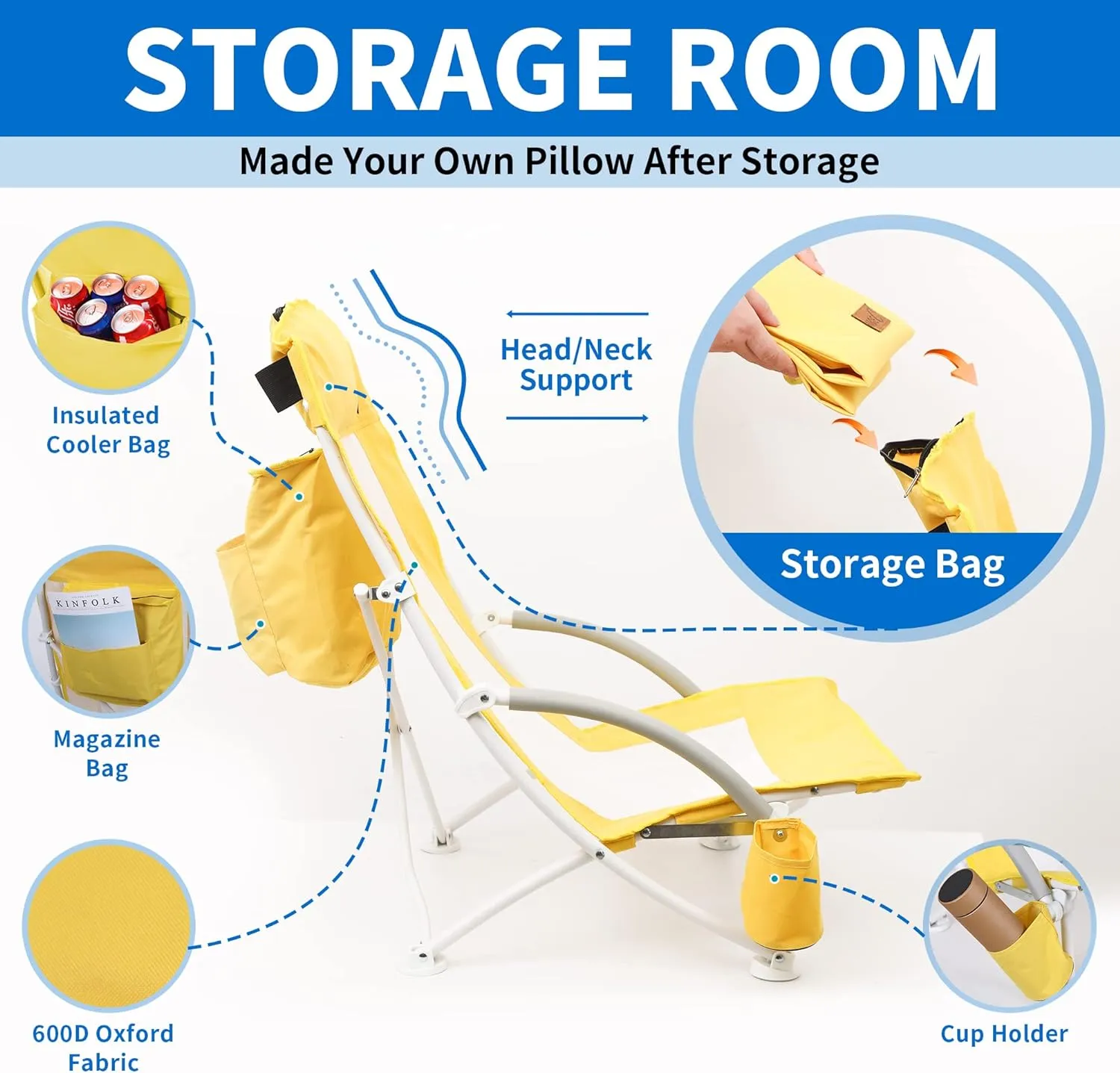 Nice C Beach Chair, Beach Chairs for Adults with Umbrella and Cooler, High Back, Cup Holder & Carry Bag & Heavy Duty Compact Outdoor, Camping (Set of Yellow)