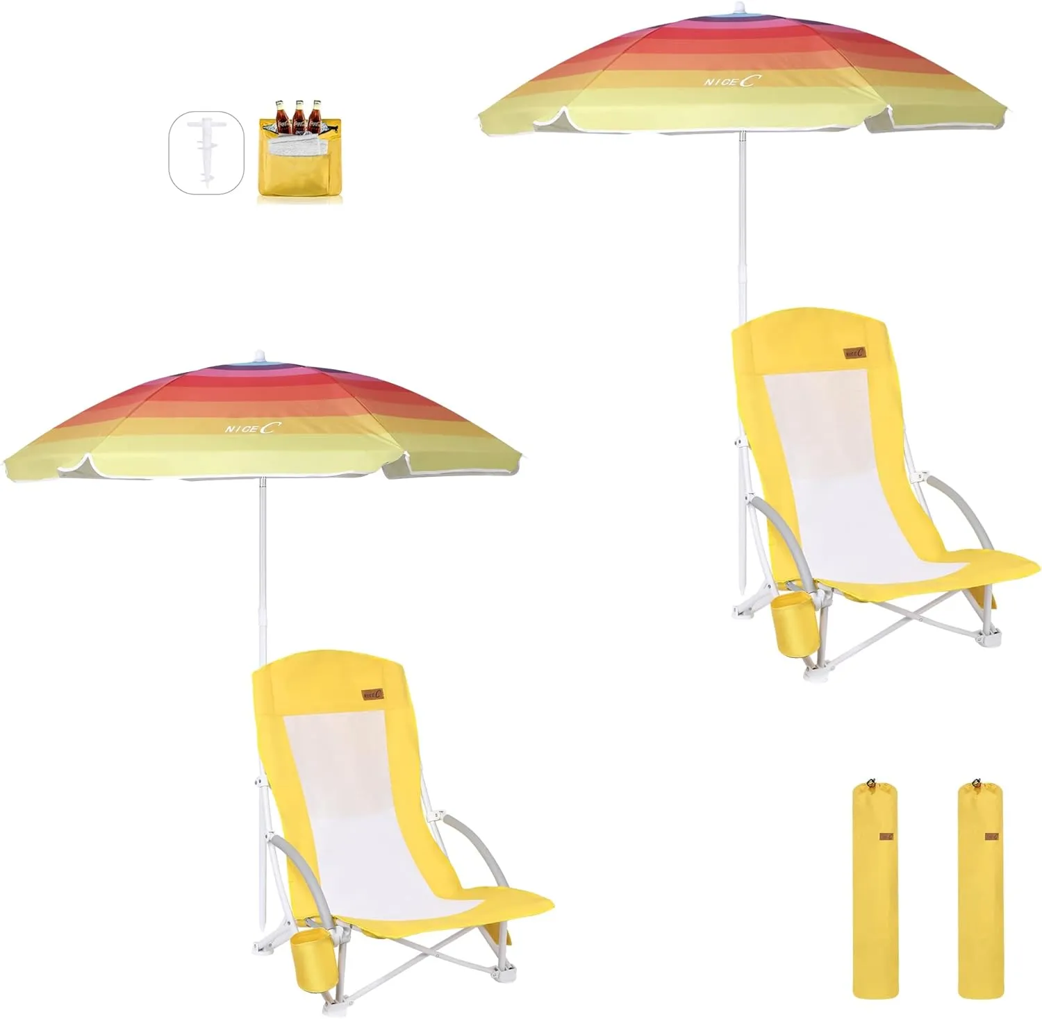 Nice C Beach Chair, Beach Chairs for Adults with Umbrella and Cooler, High Back, Cup Holder & Carry Bag & Heavy Duty Compact Outdoor, Camping (Set of Yellow)