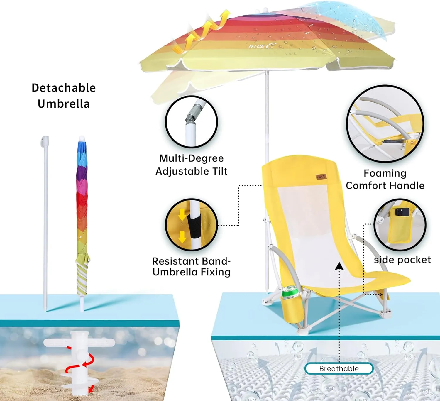 Nice C Beach Chair, Beach Chairs for Adults with Umbrella and Cooler, High Back, Cup Holder & Carry Bag & Heavy Duty Compact Outdoor, Camping (Set of Yellow)