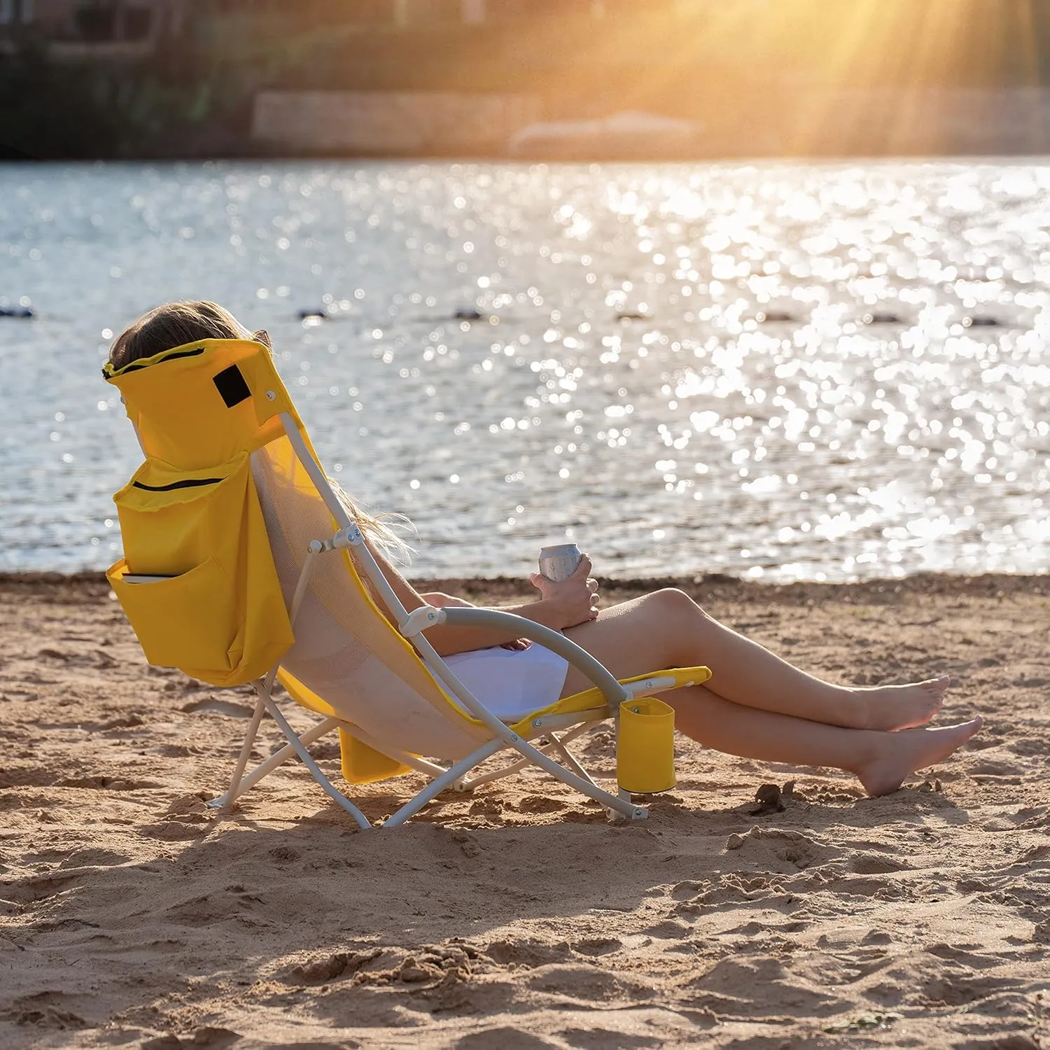 Nice C Beach Chair, Beach Chairs for Adults with Umbrella and Cooler, High Back, Cup Holder & Carry Bag & Heavy Duty Compact Outdoor, Camping (Set of Yellow)