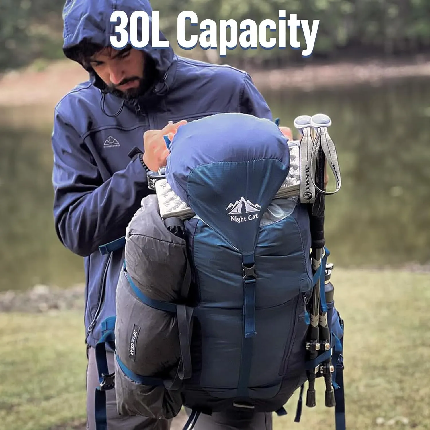 Night Cat Internal-frame Hiking Backpack: 30L Camping Backpack for Men Women Lightweight Waterproof Blue