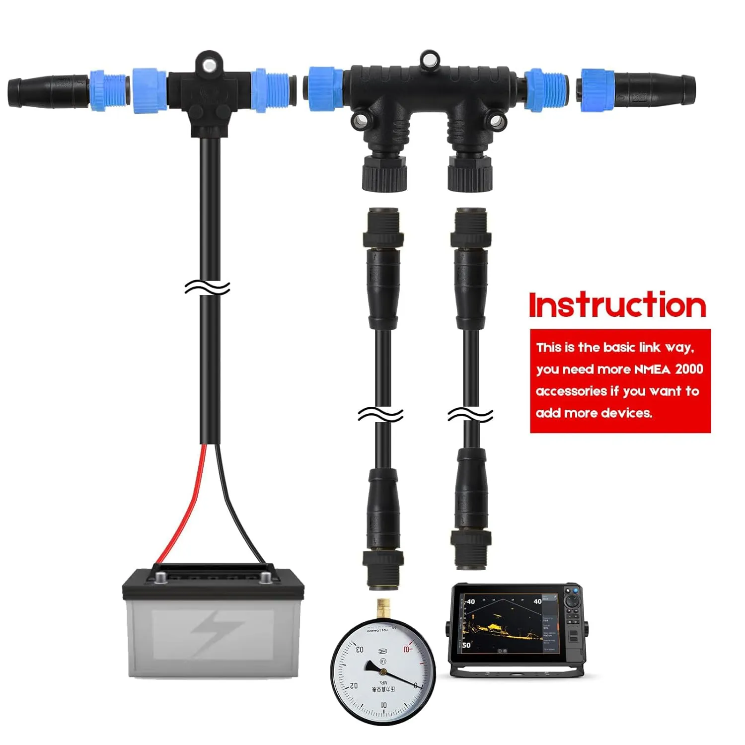 NMEA 2000 Starter Kit for Lowrance Simrad Garmin Device, Marine Grade NMEA 2K Backbone Cables Drop Cables Tees Terminators Replacement Part (Dual Device)