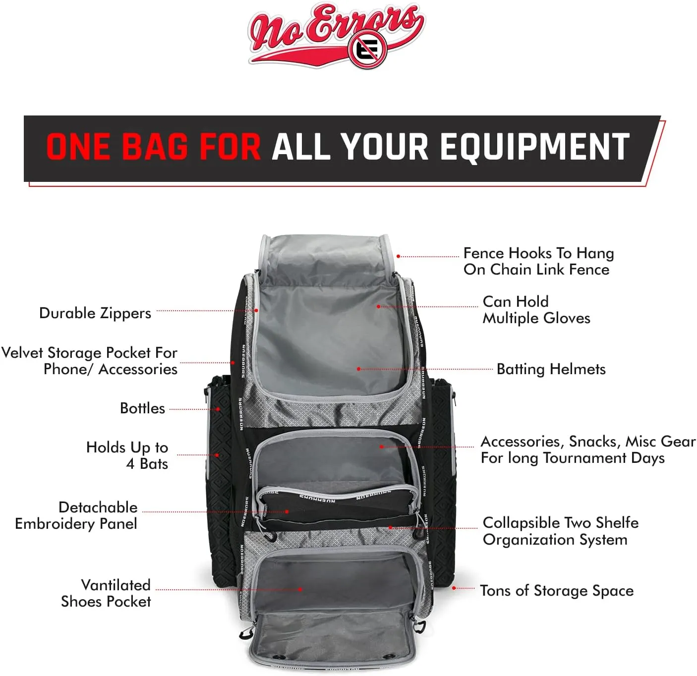 No Errors Top Pick Baseball Backpack for Kids - Heavy Duty Youth Baseball and Softball Bag with Fence Hooks - Dual Glove and Bat Compartments