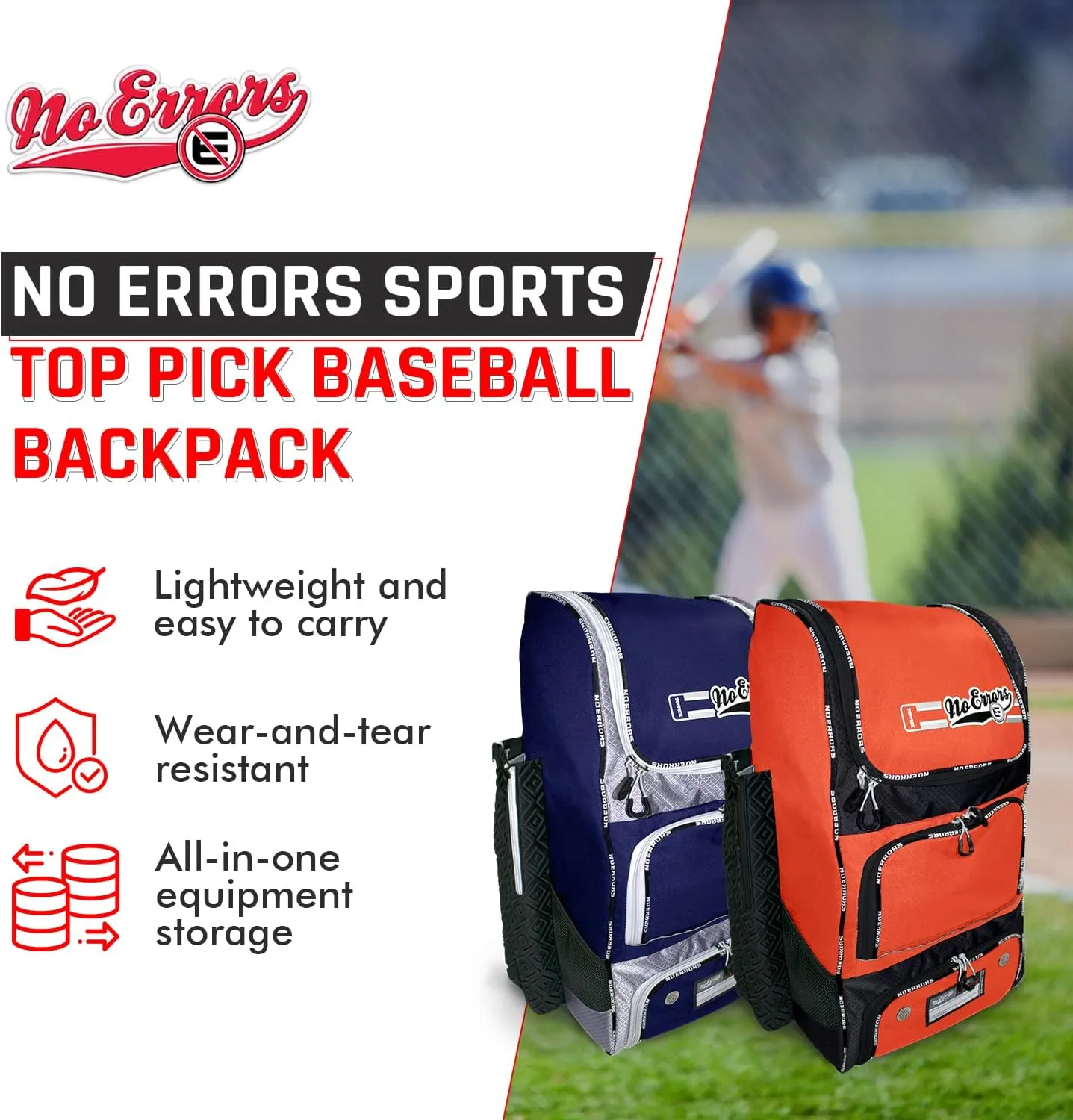 No Errors Top Pick Baseball Backpack for Kids - Heavy Duty Youth Baseball and Softball Bag with Fence Hooks - Dual Glove and Bat Compartments