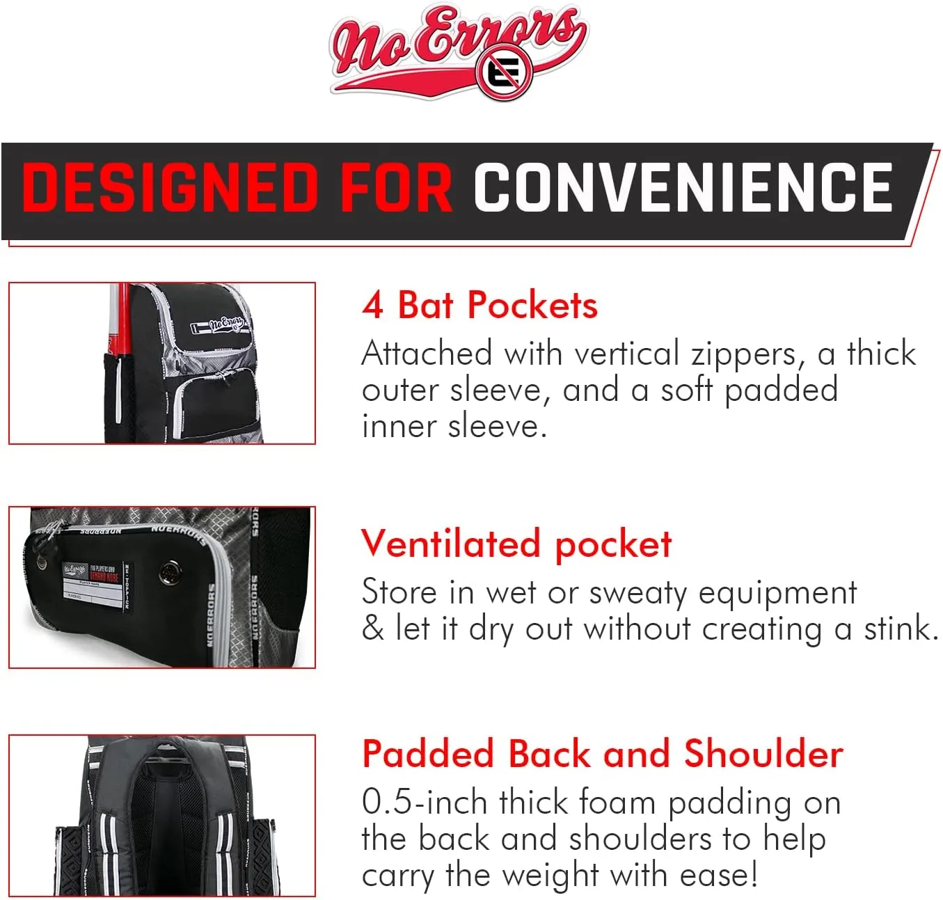 No Errors Top Pick Baseball Backpack for Kids - Heavy Duty Youth Baseball and Softball Bag with Fence Hooks - Dual Glove and Bat Compartments