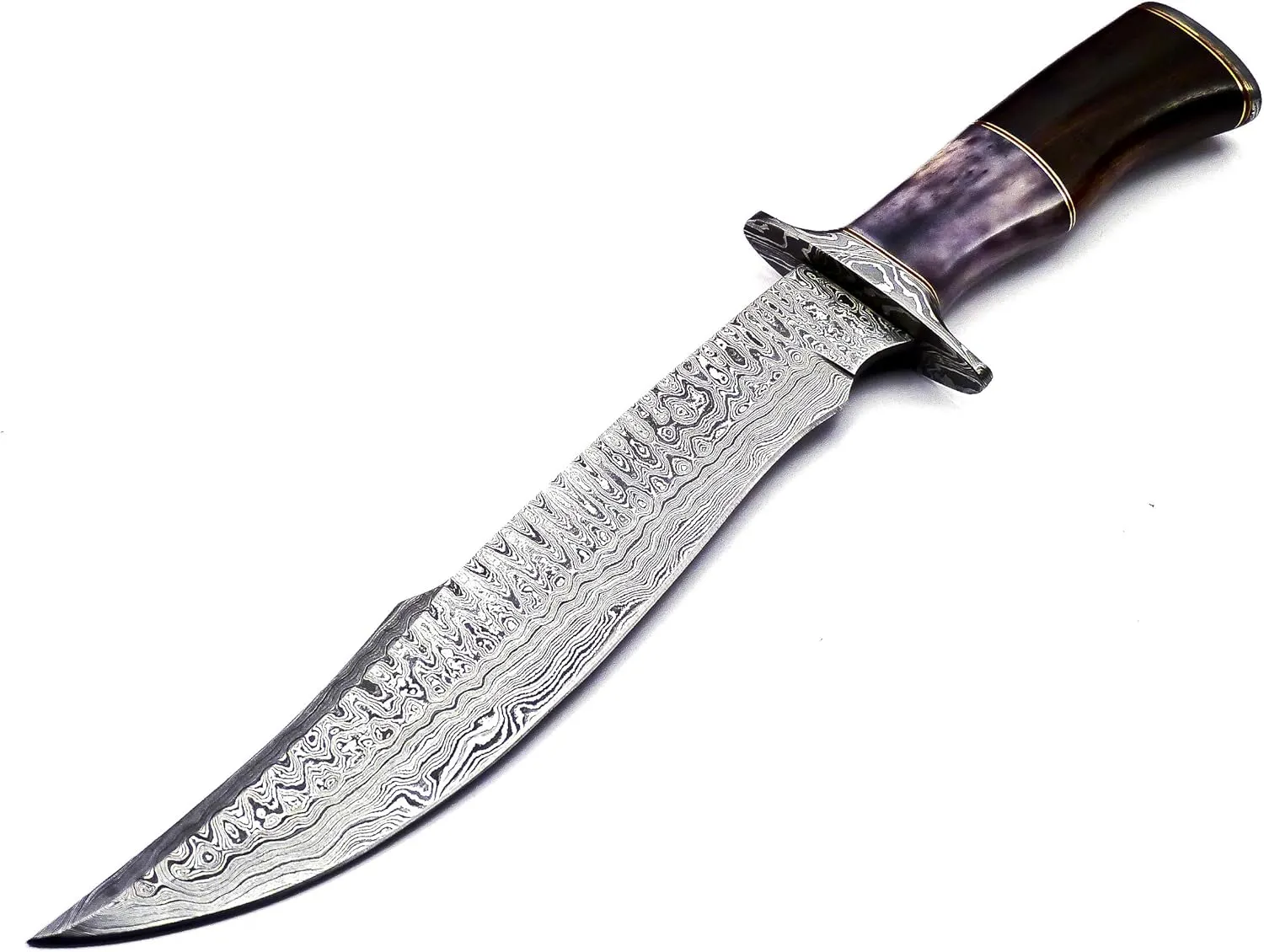 Nooraki BK-42 Handmade Damascus Steel Fixed Blade Bowie Knife with Leather Sheath, Full Tang Multipurpose Knife with Solid Marindi Wood and Bull Horn Bone Handle for Outdoor Use, 15", B/White