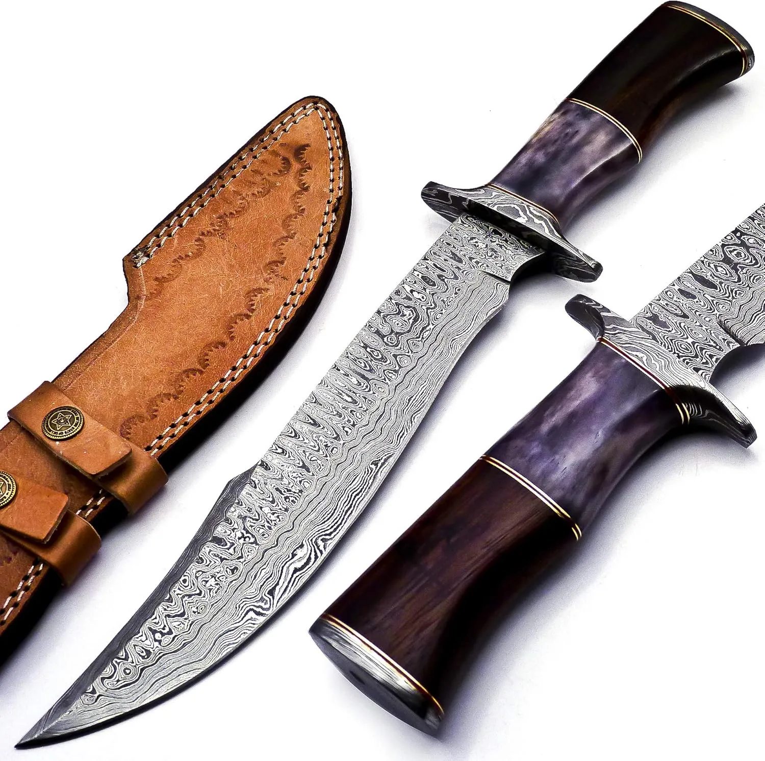 Nooraki BK-42 Handmade Damascus Steel Fixed Blade Bowie Knife with Leather Sheath, Full Tang Multipurpose Knife with Solid Marindi Wood and Bull Horn Bone Handle for Outdoor Use, 15", B/White