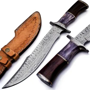 Nooraki BK-42 Handmade Damascus Steel Fixed Blade Bowie Knife with Leather Sheath, Full Tang Multipurpose Knife with Solid Marindi Wood and Bull Horn Bone Handle for Outdoor Use, 15", B/White