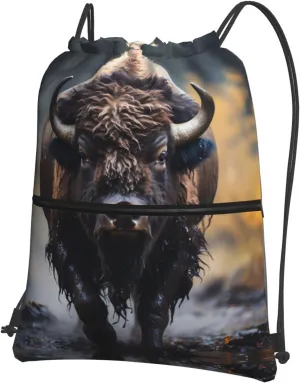 North American bison Print Drawstring Backpack â€“ Adjustable Lightweight Gym Bag for Sports, Yoga, Travel, and Hiking