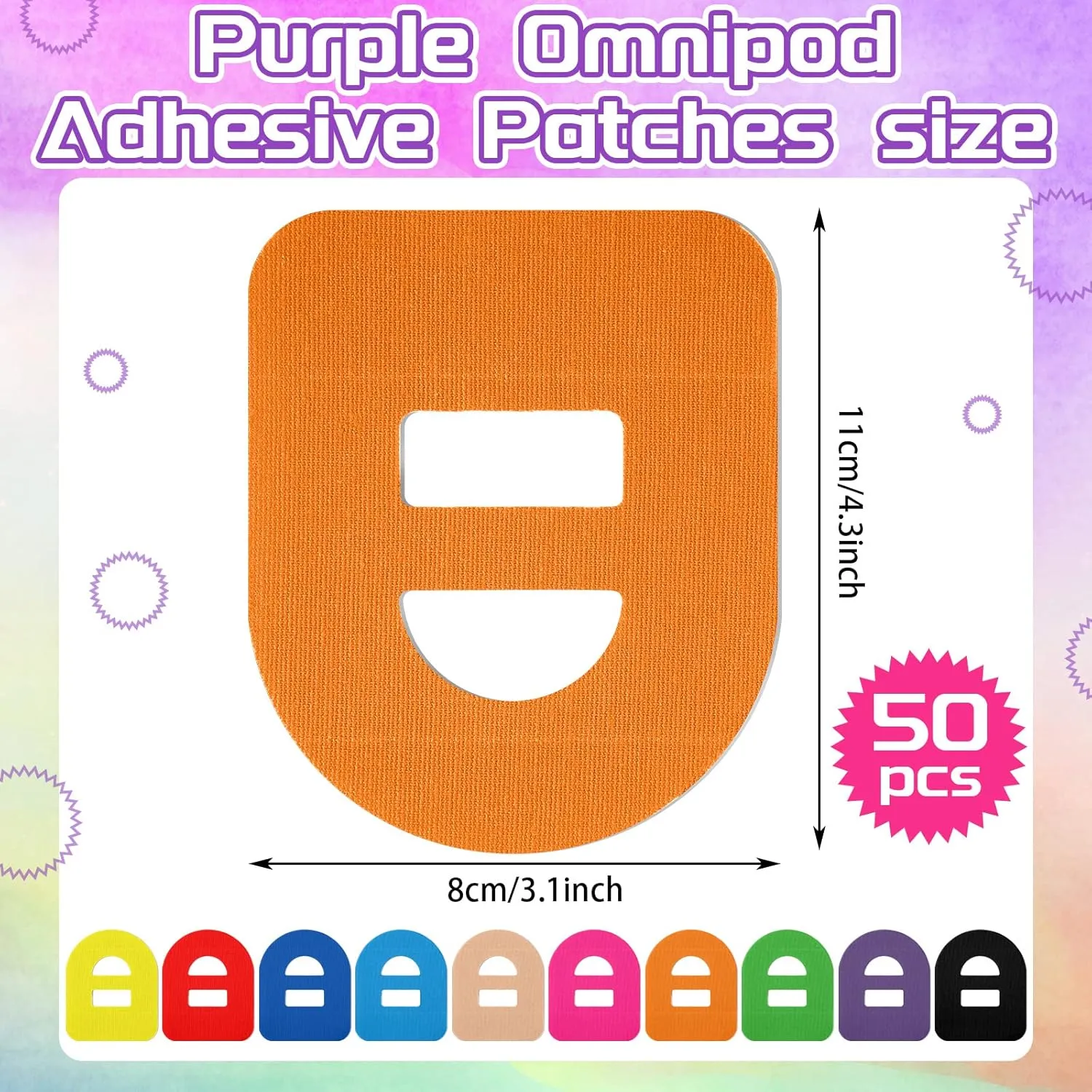 Nuanchu 50 Pieces Adhesive Patches Compatible with Omnipod 5 Shower Waterproof Pre-Cut Adhesive Overpatches with Strap Sweatproof Tape Continuous Glucose Monitor Protection(Colorful)