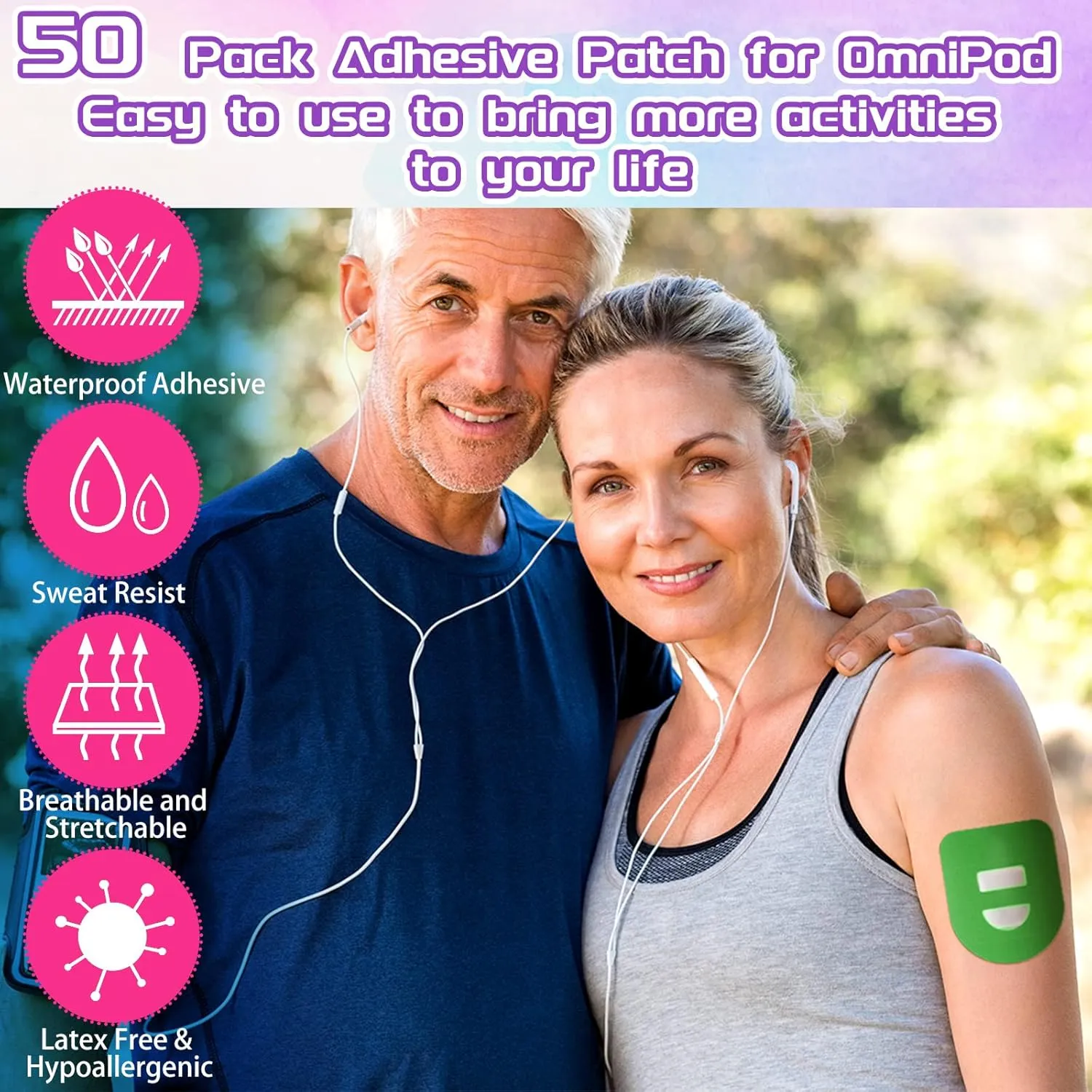 Nuanchu 50 Pieces Adhesive Patches Compatible with Omnipod 5 Shower Waterproof Pre-Cut Adhesive Overpatches with Strap Sweatproof Tape Continuous Glucose Monitor Protection(Colorful)