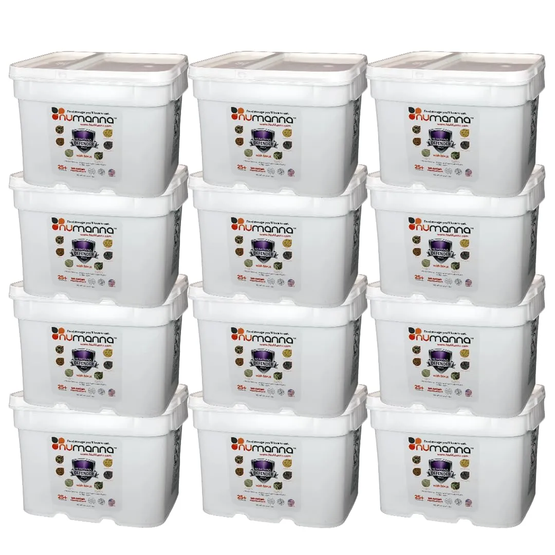 Numanna Dozen Defender Pack with Meat Buckets 2,592 Servings Protein Survival Pack 38,780 Calories Per Bucket Easy to Prepare Emergency Food No Added Preservatives Made In USA 25  Year Shelf Life