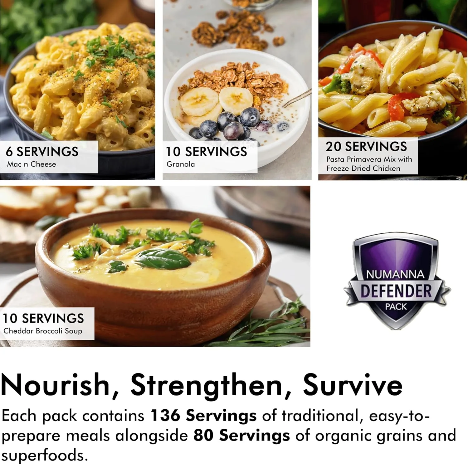 Numanna Dozen Defender Pack with Meat Buckets 2,592 Servings Protein Survival Pack 38,780 Calories Per Bucket Easy to Prepare Emergency Food No Added Preservatives Made In USA 25  Year Shelf Life
