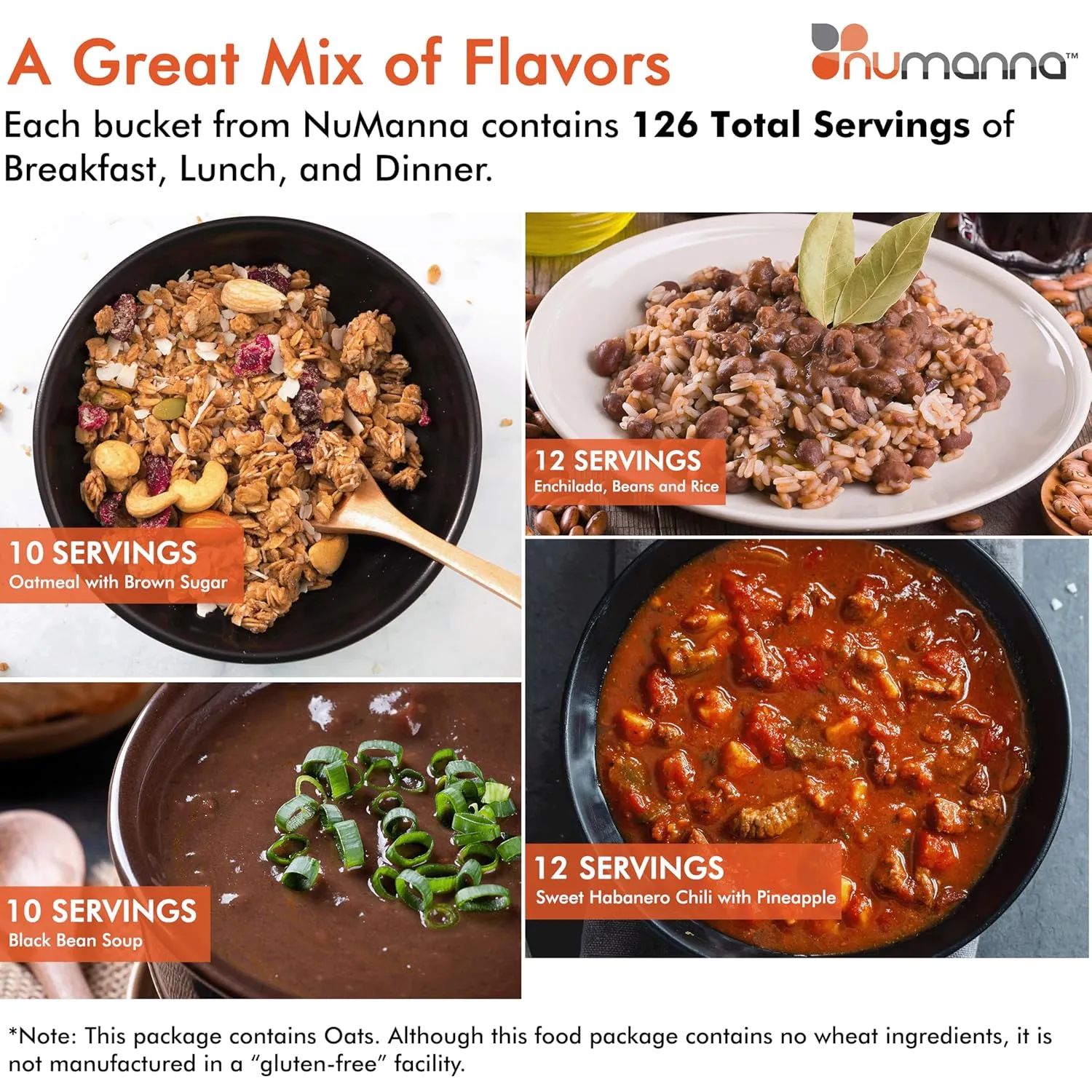 Numanna No-Gluten Family Pack 126 Servings Breakfast, Lunch, Dinner Meals Non-Gmo, No Msg, No Added Preservatives Easy to Prepare Emergency Survival Food Made in USA 25 Year Shelf Life