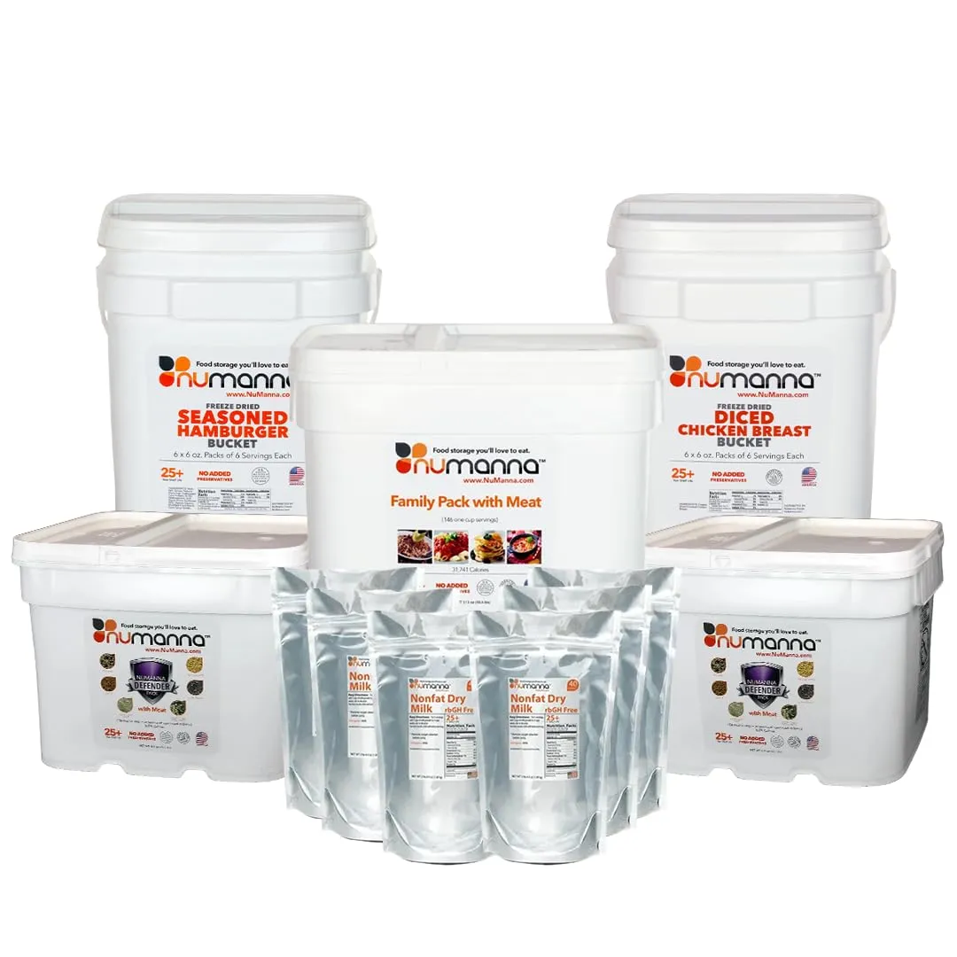 Numanna Survival Kit 850 Servings Contains 1 Family Pack with Meat, 1 Diced Chicken, 1 Ground Beef, 2 Defender Nutritive Packs with Meat Buckets and 6-Pack of Hormone-Free Milk Powder Pouches
