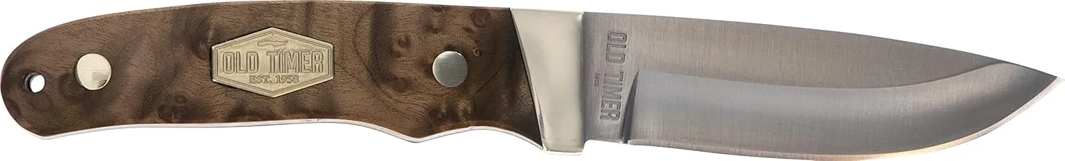 Old Timer PHW Pro Hunter 8in High Carbon S.S. Full Tang Fixed Blade Knife with 3.6in Drop Point, Desert Iron Wood Handle, Full Tang Construction, and Leather Sheath for Hunting, Camping, and Outdoors