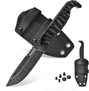 Omesio Fixed Blade Knife with Kydex Sheath,7.6" EDC Small Fixed Blade Knife, Full Tang D2 Stonewashed Black Blade G10 Handle for Outdoor Camping, Versatile for Horizontal and Vertical Carry