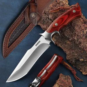 Omesio Fixed Blade Knife with Sheath, Survival Knife M390 Steel, Fulltang 60±1 HRC, EDC Fixed Blade Hunting Knives, Knives for Men, Wood Handle
