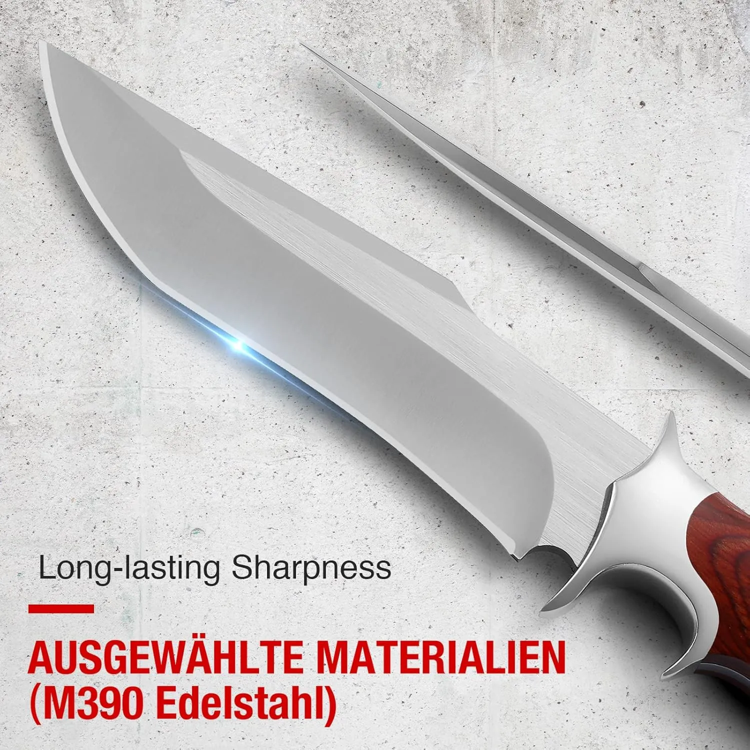 Omesio Fixed Blade Knife with Sheath, Survival Knife M390 Steel, Fulltang 60±1 HRC, EDC Fixed Blade Hunting Knives, Knives for Men, Wood Handle