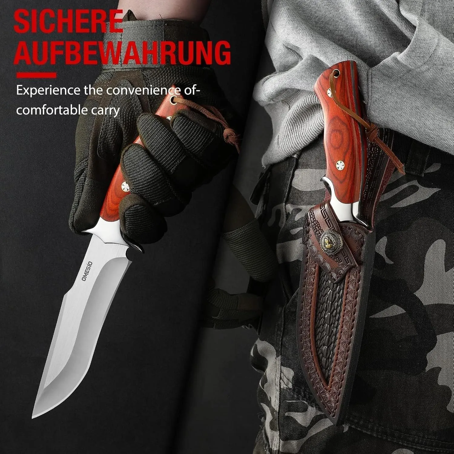 Omesio Fixed Blade Knife with Sheath, Survival Knife M390 Steel, Fulltang 60±1 HRC, EDC Fixed Blade Hunting Knives, Knives for Men, Wood Handle