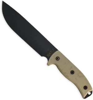 Ontario Knife Co. 8668 Rat-7 Fixed Blade Knife 7" Drop Point 1095 Black Carbon Steel Blade 5" Tan Micarta Handle for Outdoor, Tactical, Survival, Bushcraft, and EDC