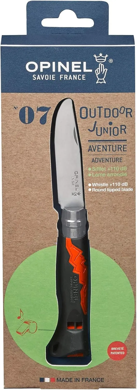 Opinel Outdoor Junior No. 07 Stainless Steel Folding Knife with Safety Rounded Tip, Integrated Whistle, Made in France