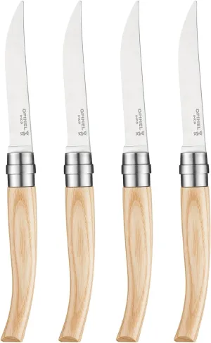 OPINEL Table Chic Steak Knife Set, Iconic French Design, Rounded Wood Handles in Ebony, Olive, Ash or Birch Wood, Set of 4, Craft Gift Boxed, Made in France (Ash)