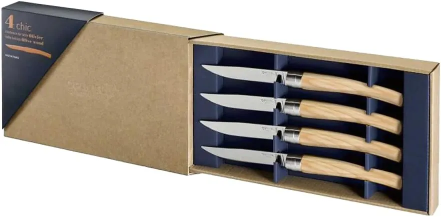 OPINEL Table Chic Steak Knife Set, Iconic French Design, Rounded Wood Handles in Ebony, Olive, Ash or Birch Wood, Set of 4, Craft Gift Boxed, Made in France (Ash)