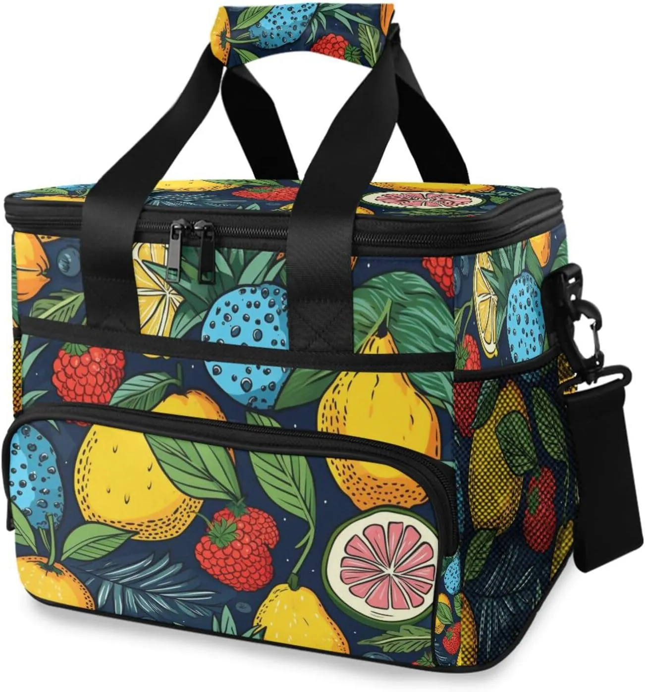 Orange Fruit Lemon Palm Leaves Blue Cooler Bag Insulated Cooler Soft Sided Cooler 24 Can Portable Picnic Bag Large Leakproof Lunch Bag Box for Beach Grocery Camping Travel Car Men Women