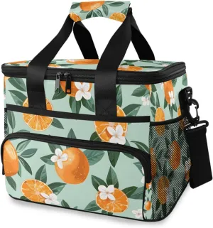 Orange Fruit White Flower Cooler Bag Insulated Cooler Soft Sided Cooler 24 Can Portable Picnic Bag Large Leakproof Lunch Bag Box for Beach Grocery Camping Travel Car Men Women
