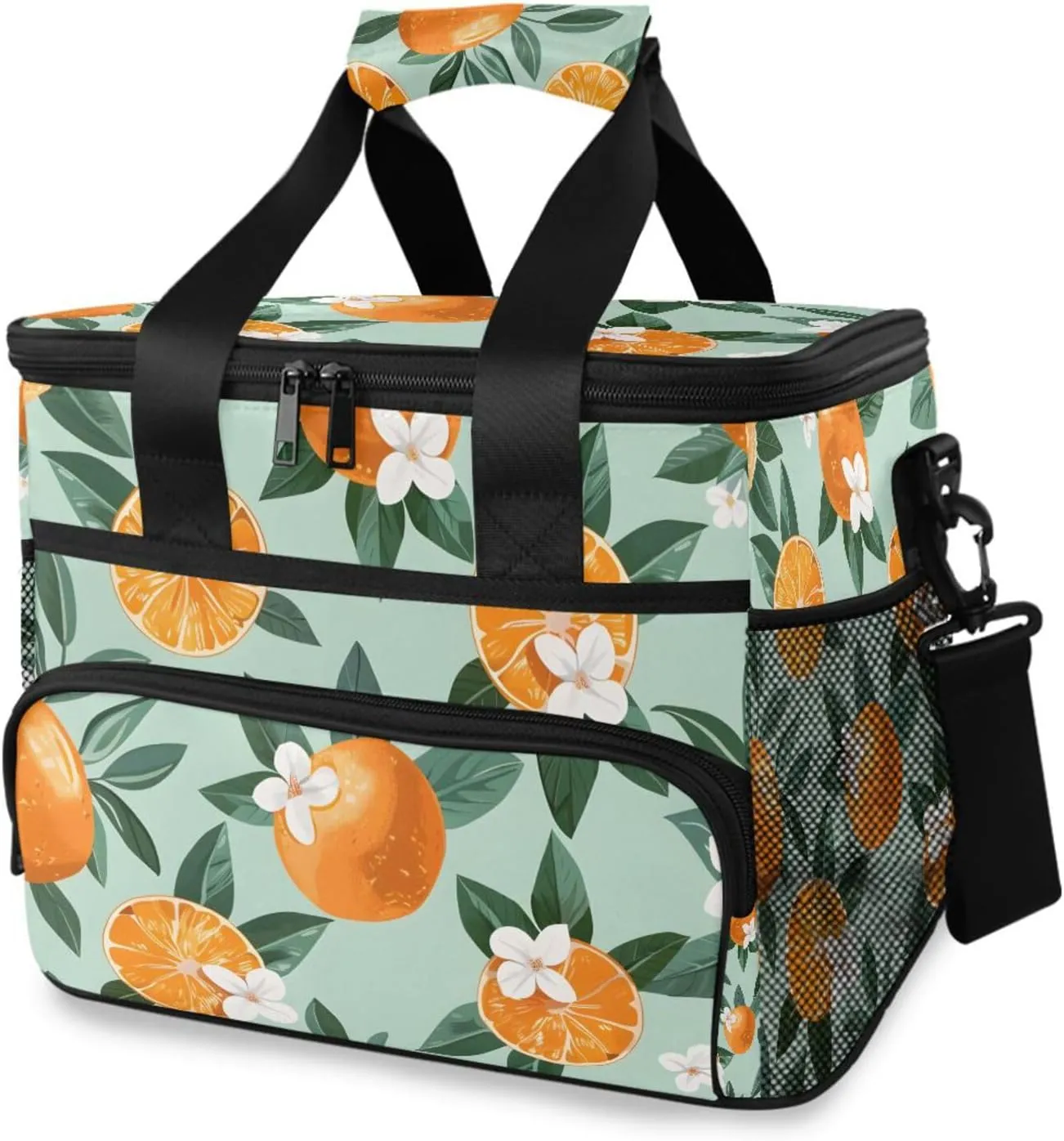 Orange Fruit White Flower Cooler Bag Insulated Cooler Soft Sided Cooler 24 Can Portable Picnic Bag Large Leakproof Lunch Bag Box for Beach Grocery Camping Travel Car Men Women