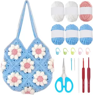 ORIGACH Crochet Bag Kit for Beginners Adults, Gorgeous Granny Square Bag kit Easy Crochet Puff Shoulder Bag Set with Step by Step Video Tutorial, Instruction, Yarn, Hook, Accessories