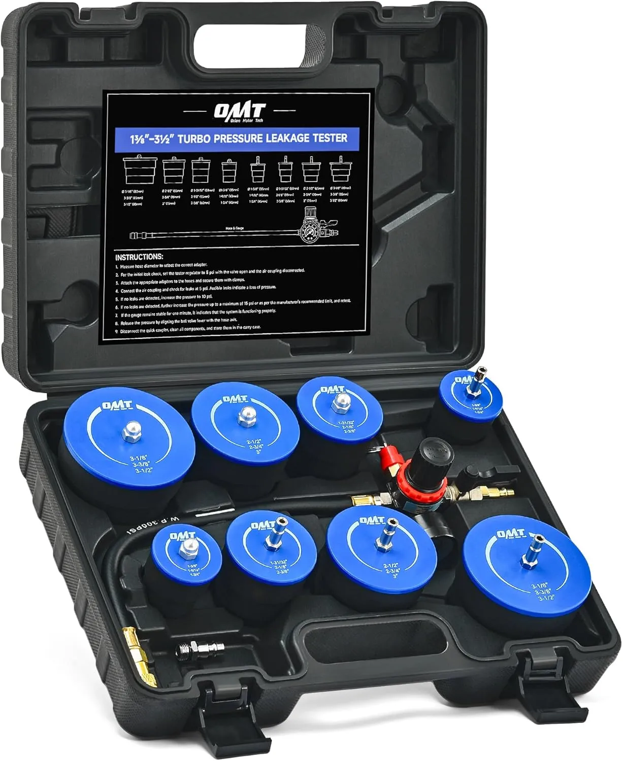 Orion Motor Tech Turbo System Leakage Tester Kit, 10pc Turbo Boost Leak Tester Set with 4 Pairs of Stepped Adapters 1-3/8" to 3-1/2", Turbo Pressure Leakage Tester for Cooling Emissions Exhaust Pipes