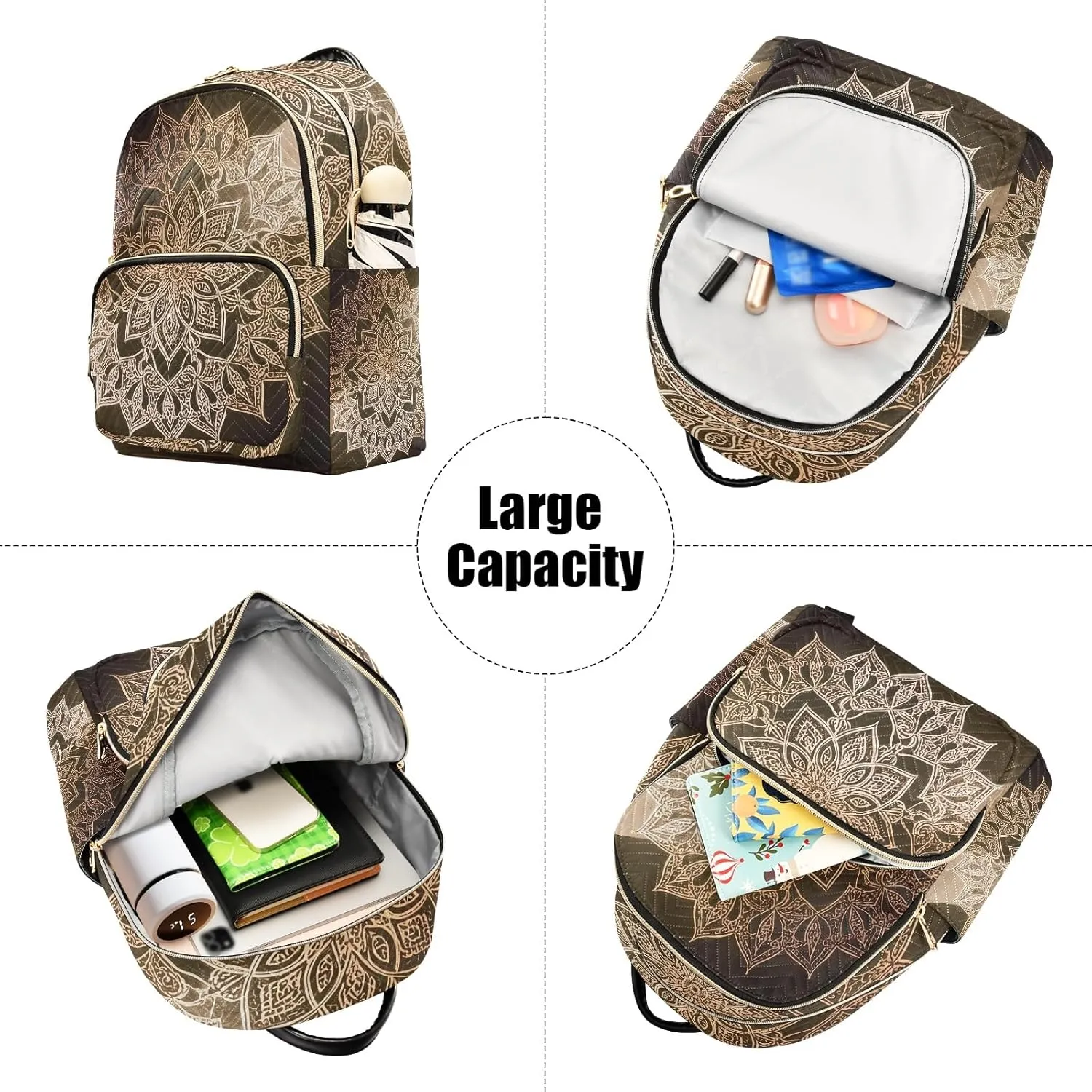Ornate Mandala in Gold Women's Stylish Printed Backpack Lightweight Travel Daypack with Multiple Pockets Fashion Quilted Laptop Backpack for School Work