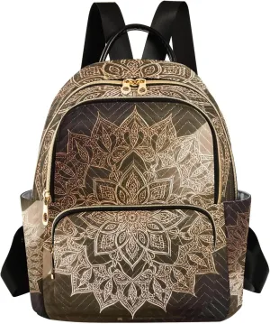 Ornate Mandala in Gold Women's Stylish Printed Backpack Lightweight Travel Daypack with Multiple Pockets Fashion Quilted Laptop Backpack for School Work