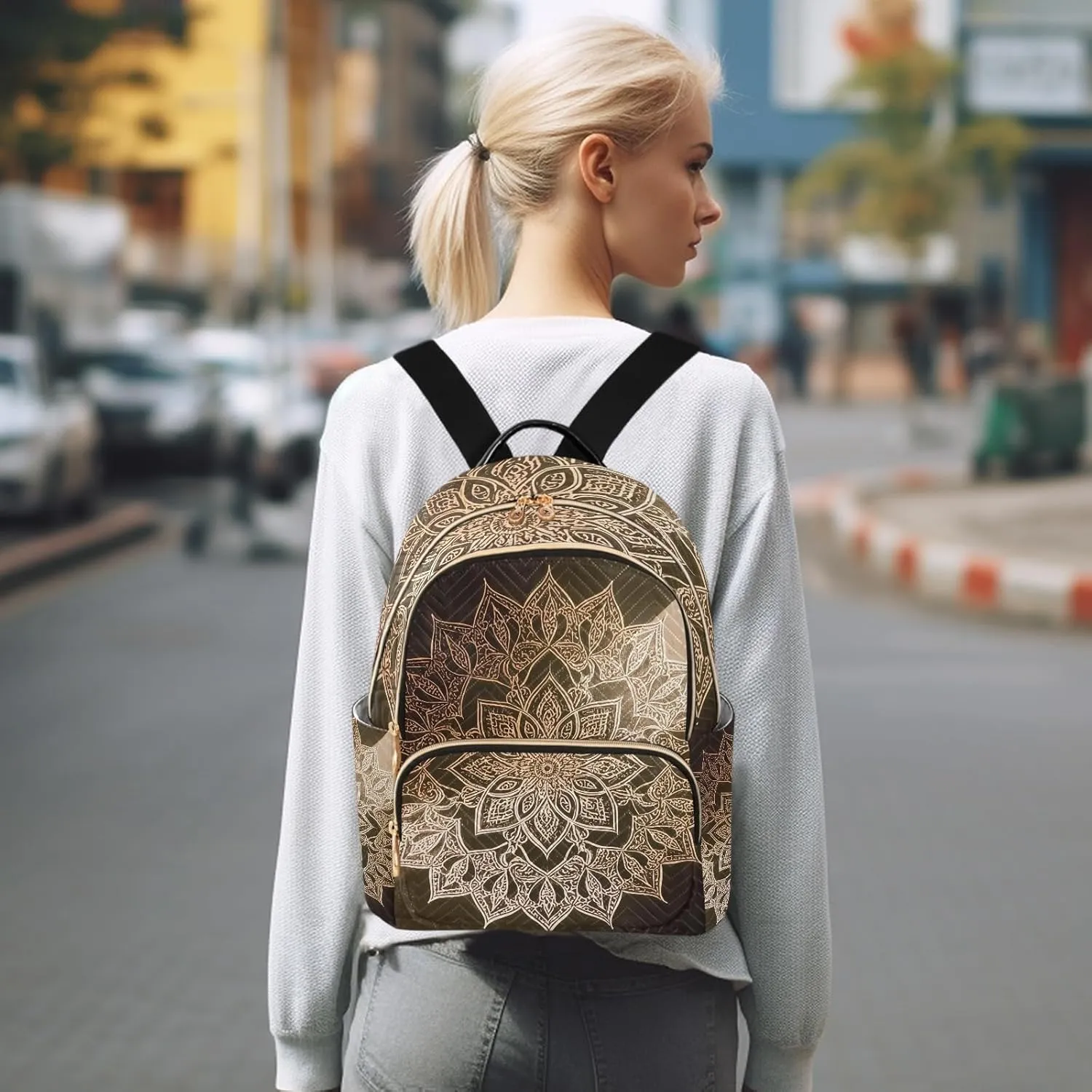 Ornate Mandala in Gold Women's Stylish Printed Backpack Lightweight Travel Daypack with Multiple Pockets Fashion Quilted Laptop Backpack for School Work