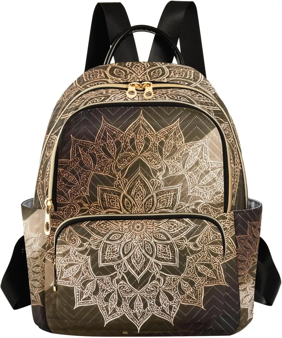 Ornate Mandala in Gold Women's Stylish Printed Backpack Lightweight Travel Daypack with Multiple Pockets Fashion Quilted Laptop Backpack for School Work