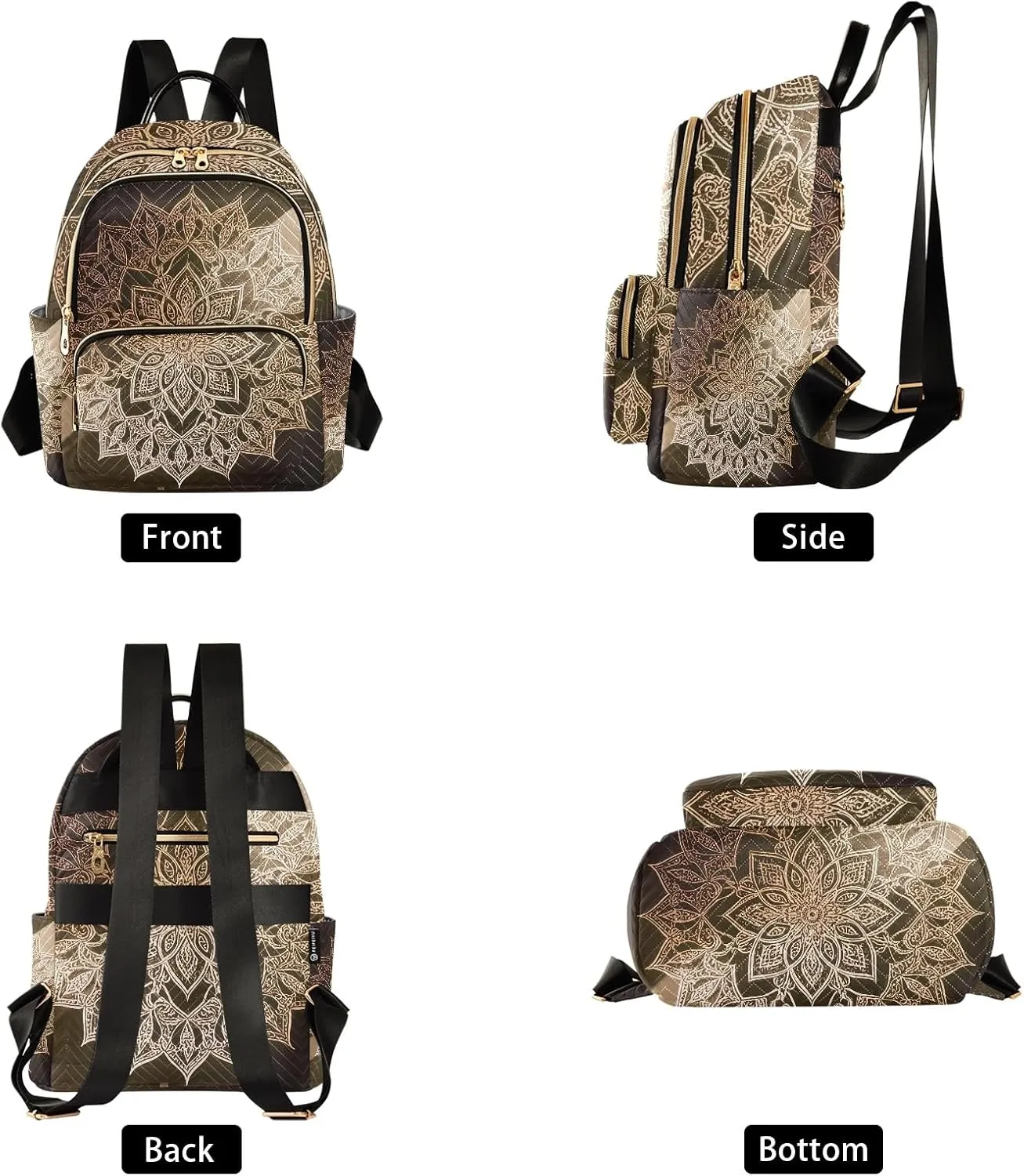 Ornate Mandala in Gold Women's Stylish Printed Backpack Lightweight Travel Daypack with Multiple Pockets Fashion Quilted Laptop Backpack for School Work
