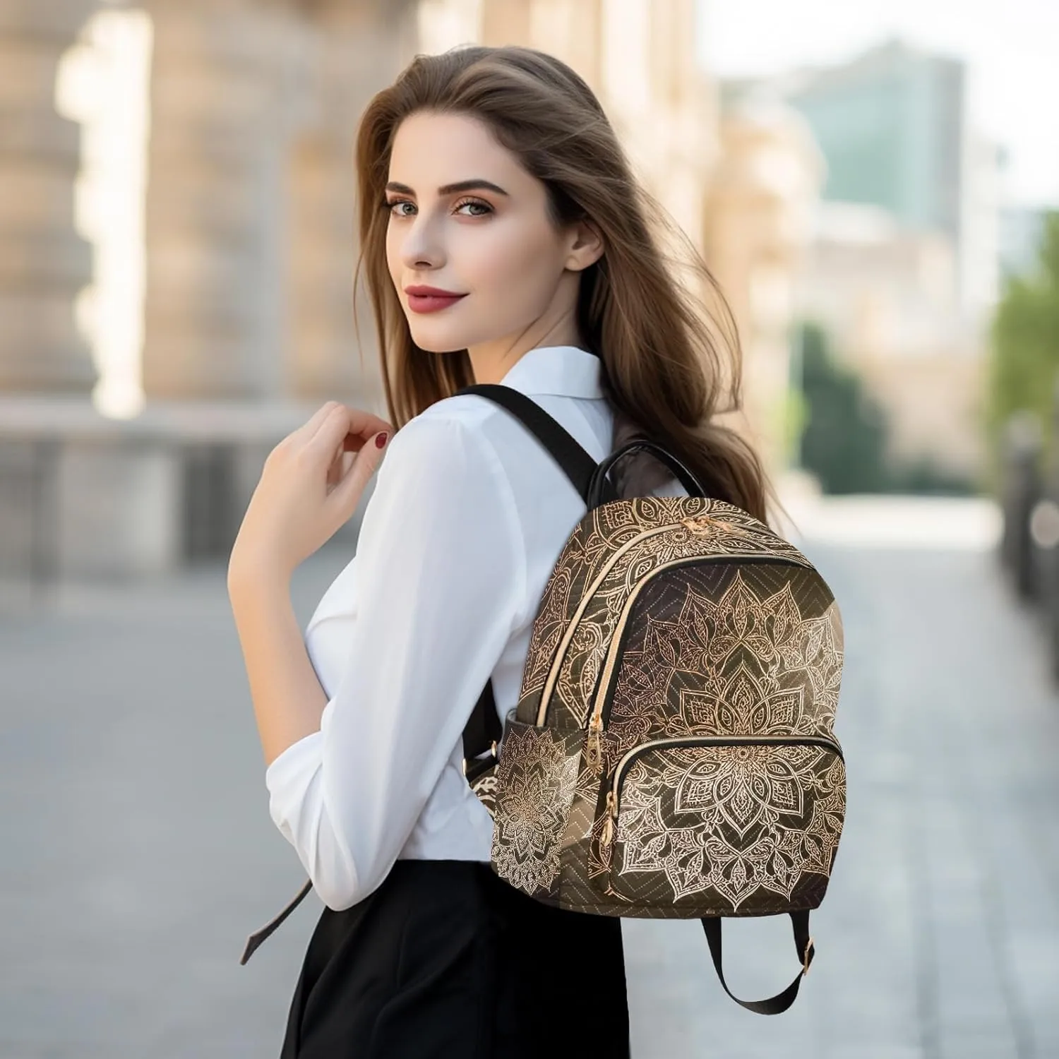 Ornate Mandala in Gold Women's Stylish Printed Backpack Lightweight Travel Daypack with Multiple Pockets Fashion Quilted Laptop Backpack for School Work
