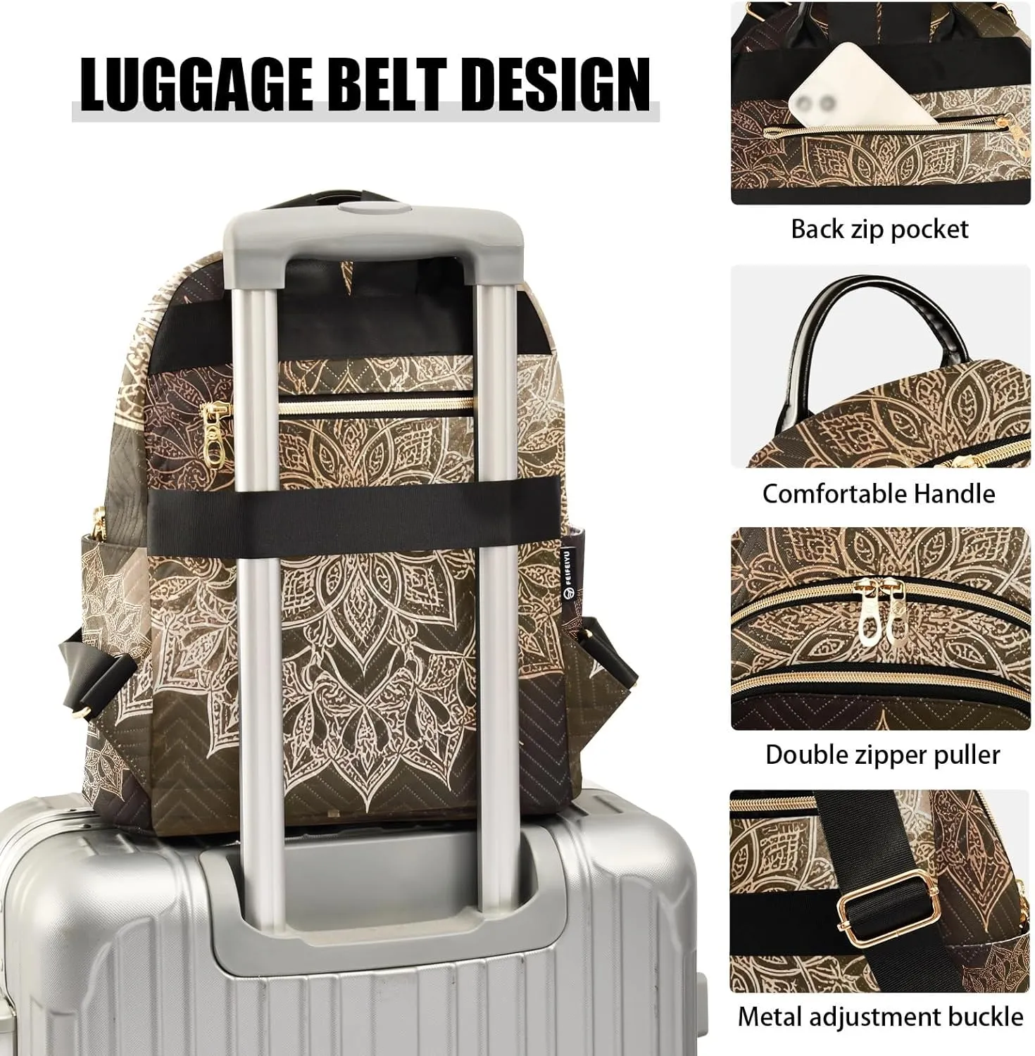 Ornate Mandala in Gold Women's Stylish Printed Backpack Lightweight Travel Daypack with Multiple Pockets Fashion Quilted Laptop Backpack for School Work