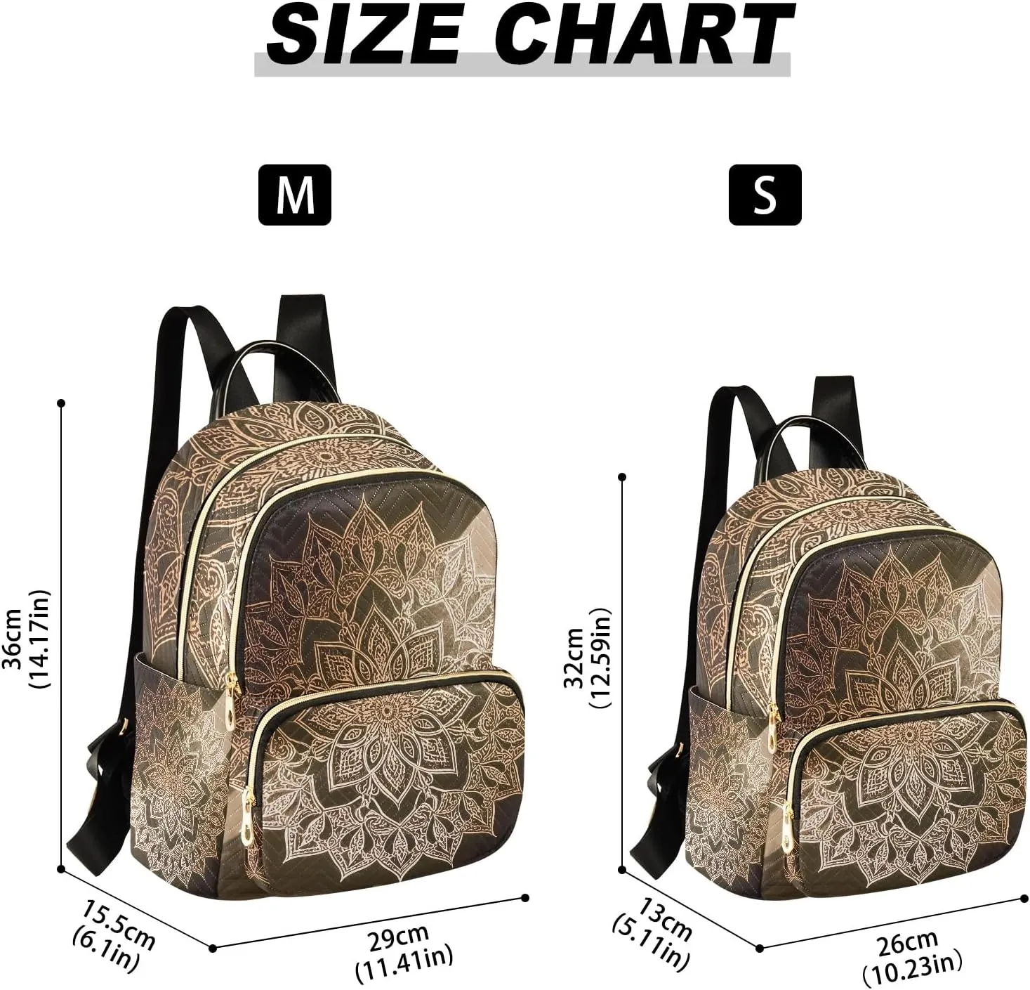 Ornate Mandala in Gold Women's Stylish Printed Backpack Lightweight Travel Daypack with Multiple Pockets Fashion Quilted Laptop Backpack for School Work
