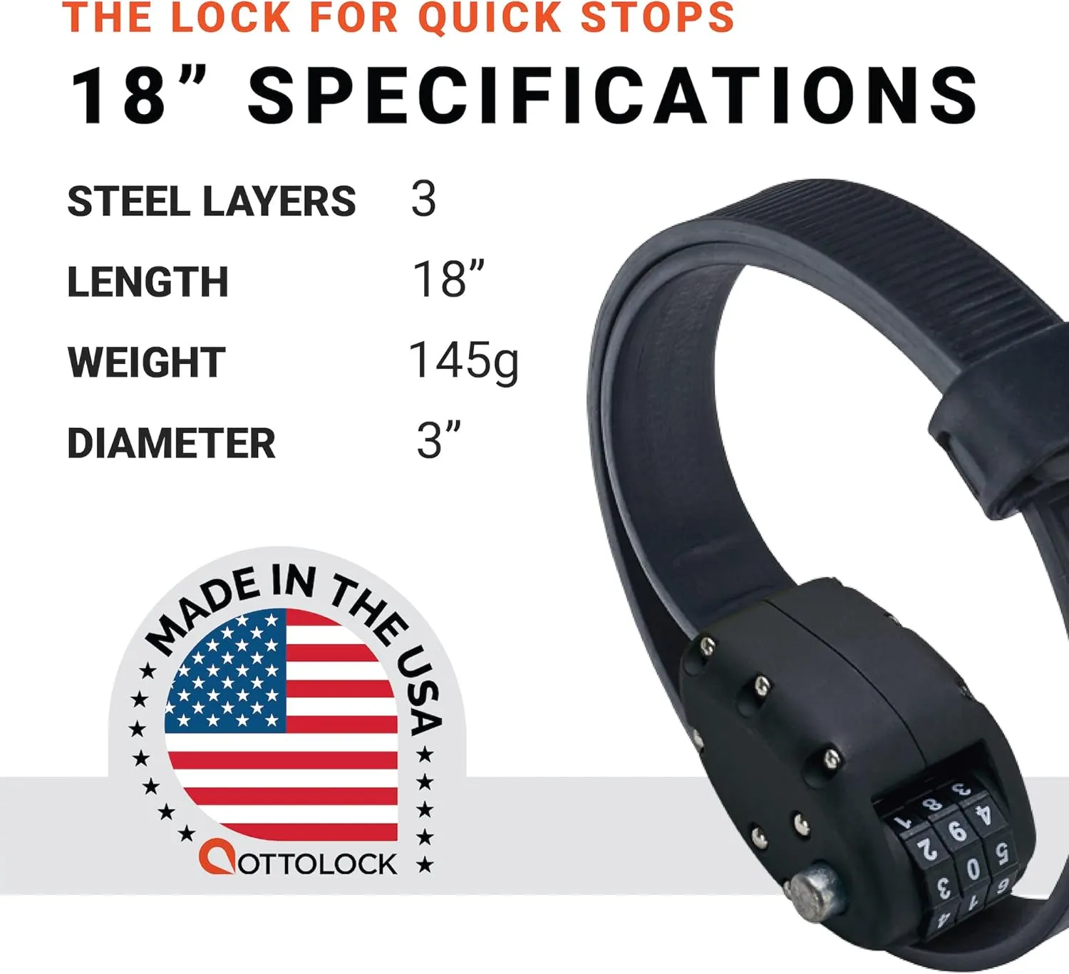 OTTOLOCK Cinch Lock - Lightweight Anti Theft Compact Combination Bike Lock, Ideal for Quick Stops, Bicycle Accessories, Stealth Black, 18 Inch