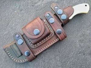 Ottoza Tracker Knife with Sheath & Bone Handle, Outdoor Knife Survival Knife Camping Knife - Damascus Knife - Damascus Steel Fixed Blade Hunting Knives for Men Horizontal Carry Knife Sheath No:115
