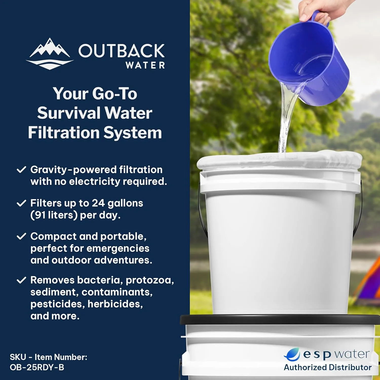 Outback Water Emergency Drinking Water Filter System with Extra Filter Replacement Kit - Gravity Fed Bucket Water Filtration for Survival, Off-Grid, Disaster Preparedness, Travel, Camping, Bug Out Kit