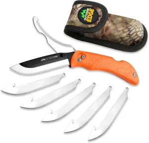 OUTDOOR EDGE RazorPro - Double Bladed Folding Hunting Knife with Replaceable Razor Blade, Gutting Knife and Camo Nylon Sheath (Orange, 6 Blades)