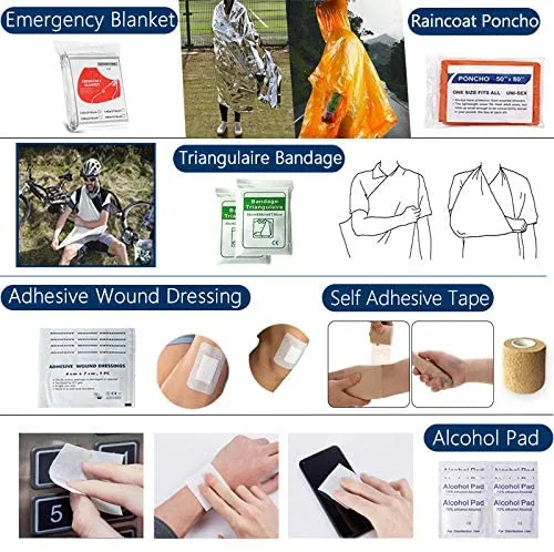 Outdoor First Aid Survival Kit for Adventure Camping Hiking Fishing - Trauma Emergency Bag and Survival Gear Kit 62 in 1 for Women Men SOS Kit