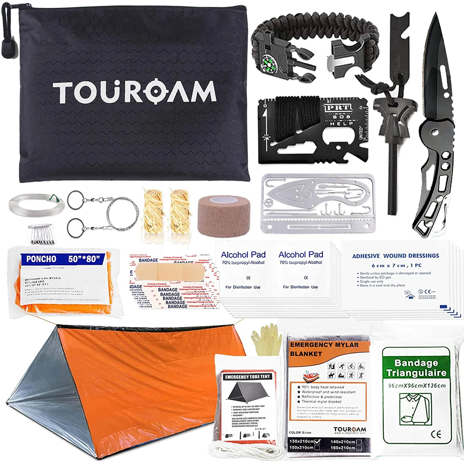 Outdoor First Aid Survival Kit for Adventure Camping Hiking Fishing - Trauma Emergency Bag and Survival Gear Kit 62 in 1 for Women Men SOS Kit