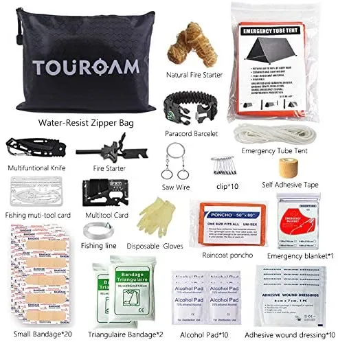 Outdoor First Aid Survival Kit for Adventure Camping Hiking Fishing - Trauma Emergency Bag and Survival Gear Kit 62 in 1 for Women Men SOS Kit