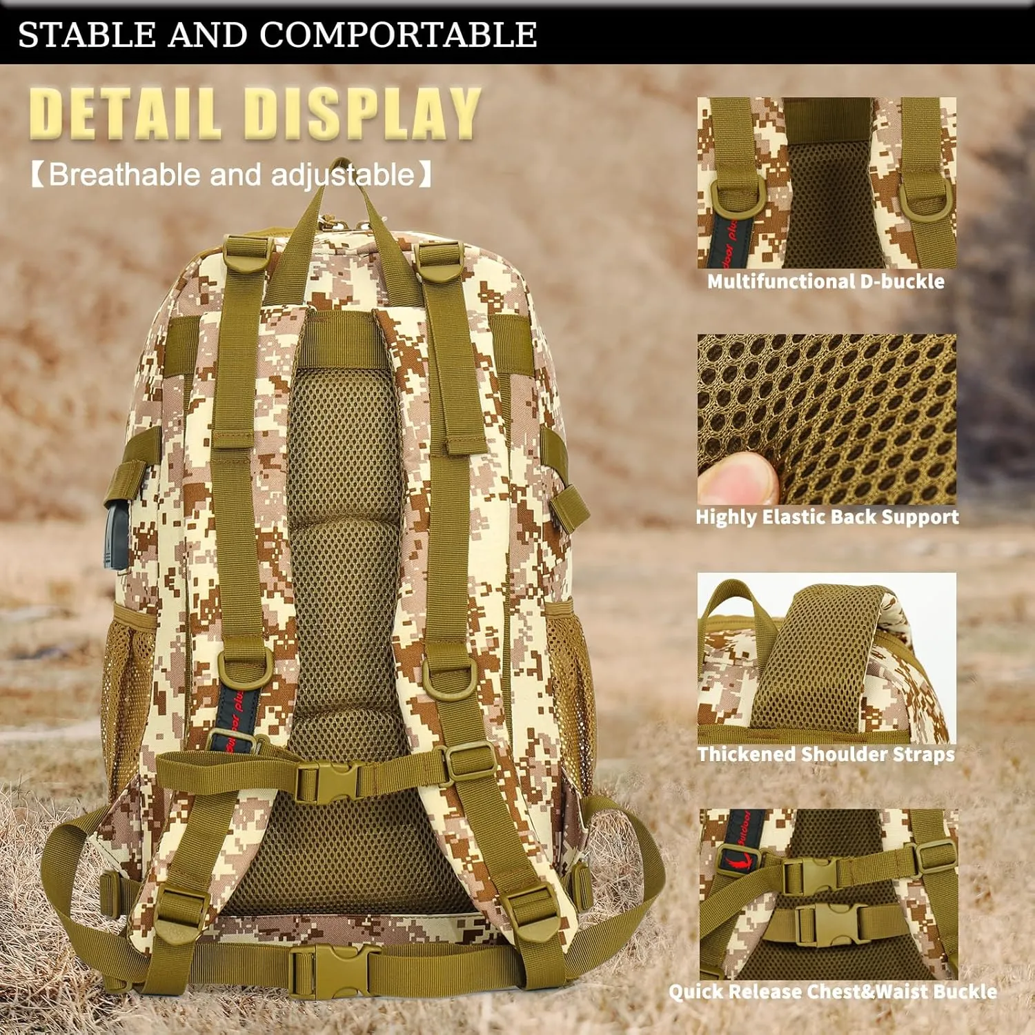 outdoor plus Camo Backpack,Military Boys Backpacks for School,Army Bookbag with USB Charging Port,30l/40L
