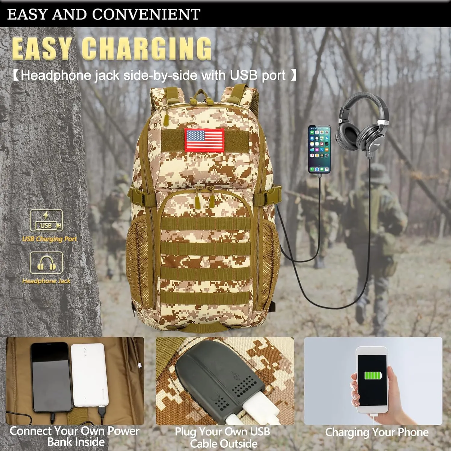 outdoor plus Camo Backpack,Military Boys Backpacks for School,Army Bookbag with USB Charging Port,30l/40L